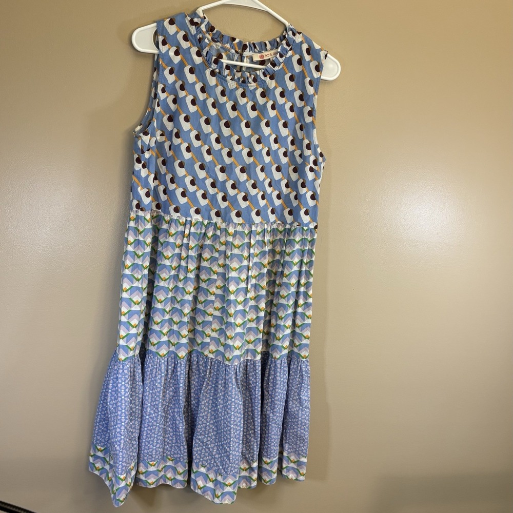 Ro's Garden Tiered Floral Blue White MIDI Dress Medium 100% Cotton